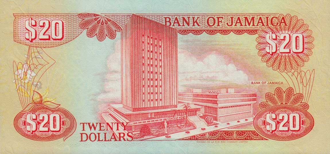 Back of Jamaica p72a: 20 Dollars from 1985