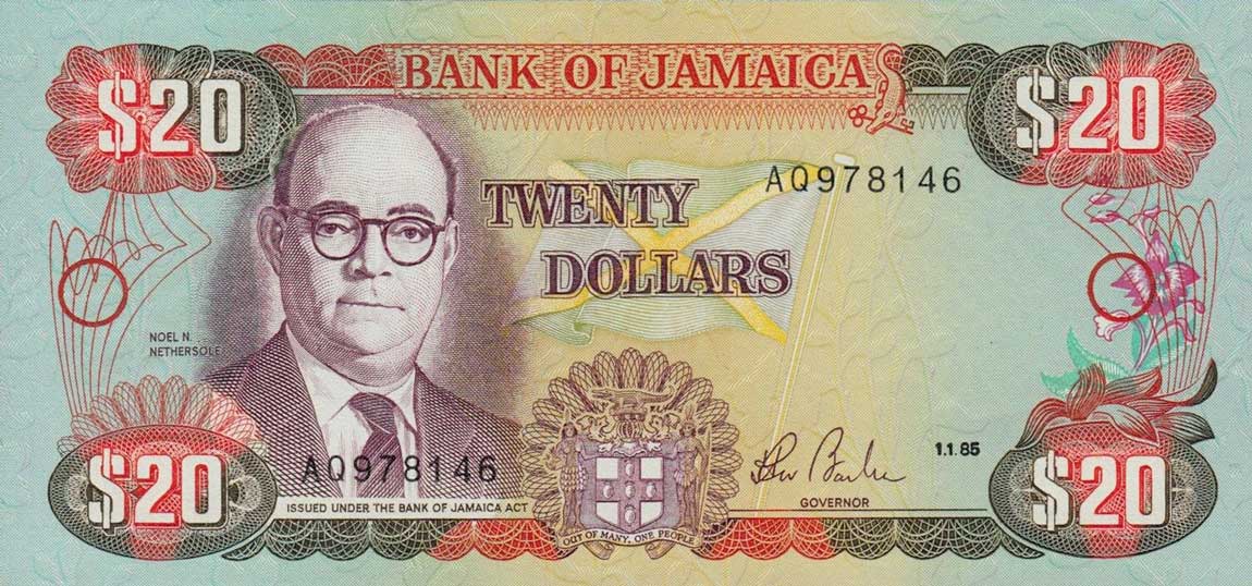 Front of Jamaica p72a: 20 Dollars from 1985