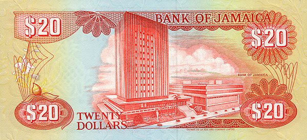 Back of Jamaica p72c: 20 Dollars from 1989