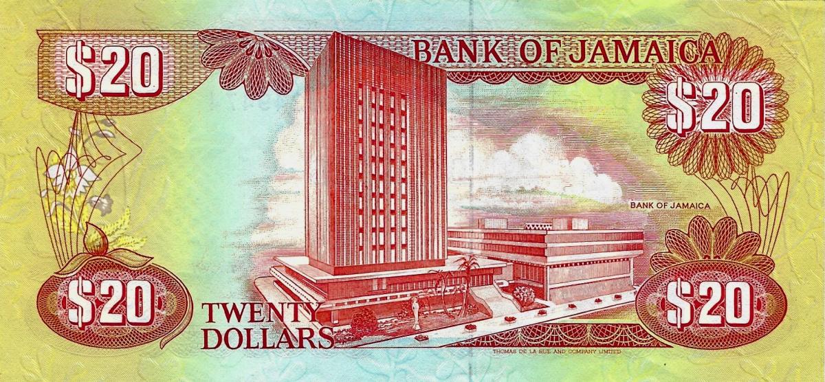 Back of Jamaica p72d: 20 Dollars from 1991