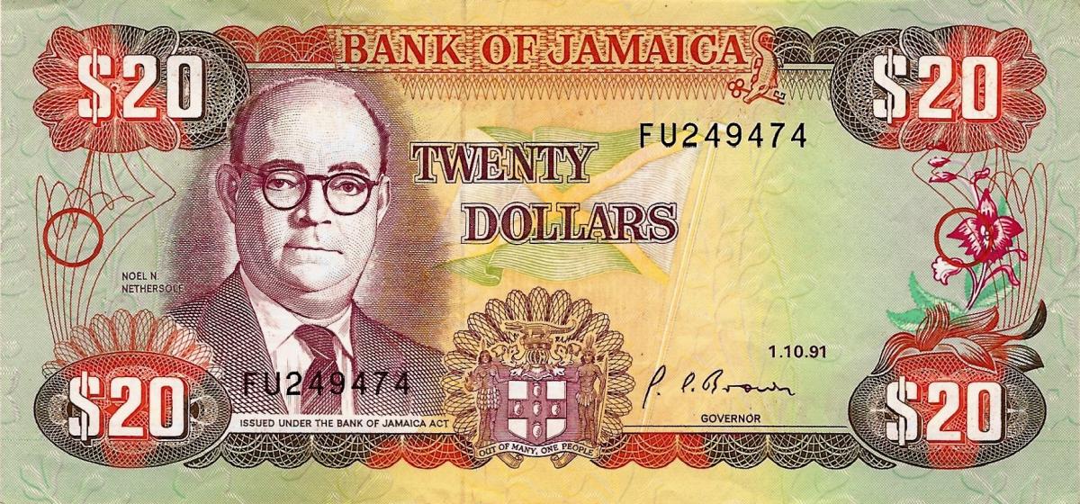 Front of Jamaica p72d: 20 Dollars from 1991