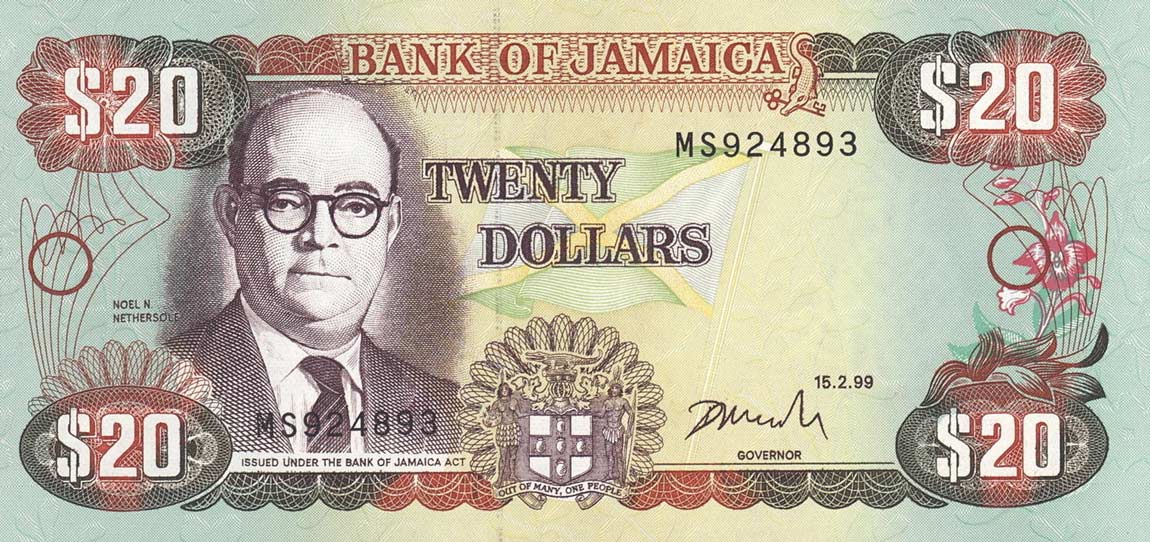 Front of Jamaica p72h: 20 Dollars from 1999