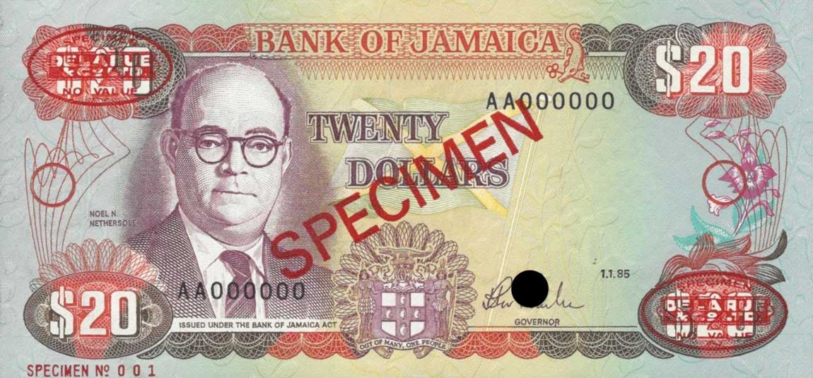 Front of Jamaica p72s: 20 Dollars from 1985