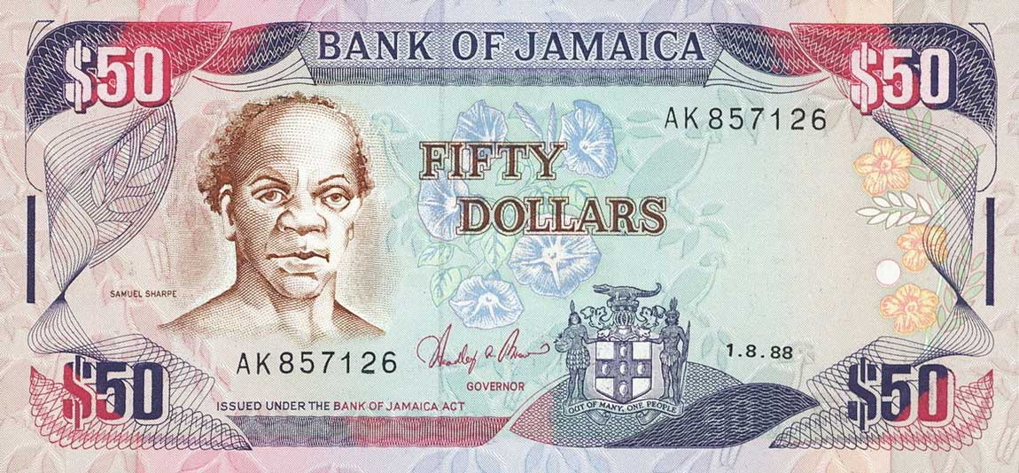 Front of Jamaica p73a: 50 Dollars from 1988