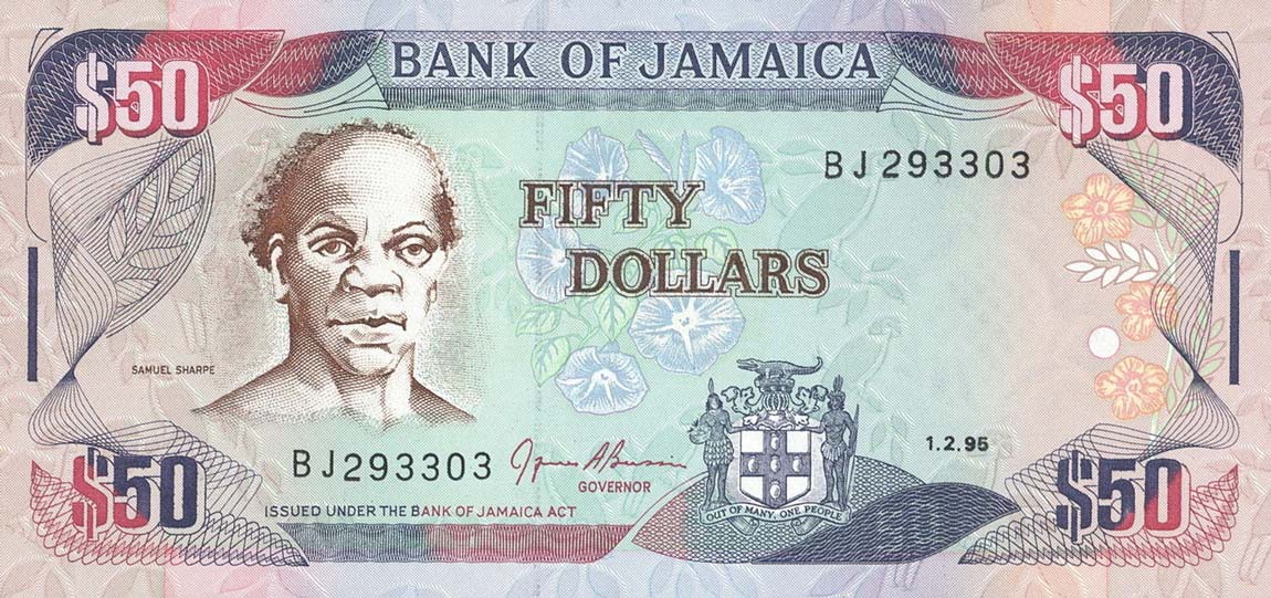 Front of Jamaica p73c: 50 Dollars from 1995