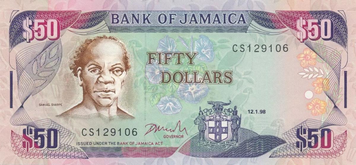 Front of Jamaica p73e: 50 Dollars from 1998