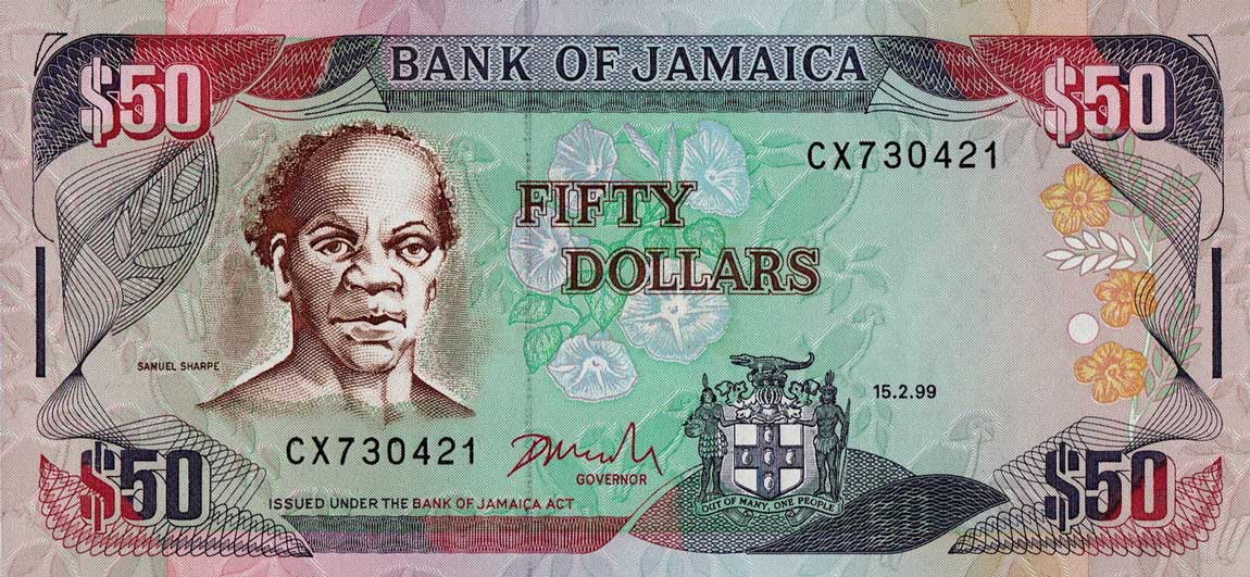 Front of Jamaica p73f: 50 Dollars from 1999