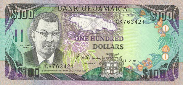 Front of Jamaica p75a: 100 Dollars from 1991