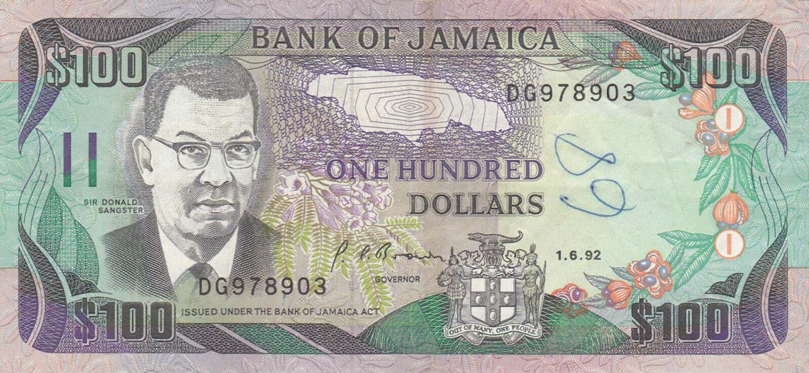 Front of Jamaica p75b: 100 Dollars from 1992