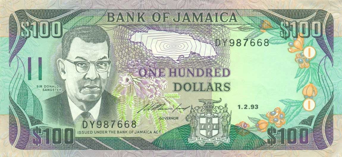 Front of Jamaica p75c: 100 Dollars from 1993