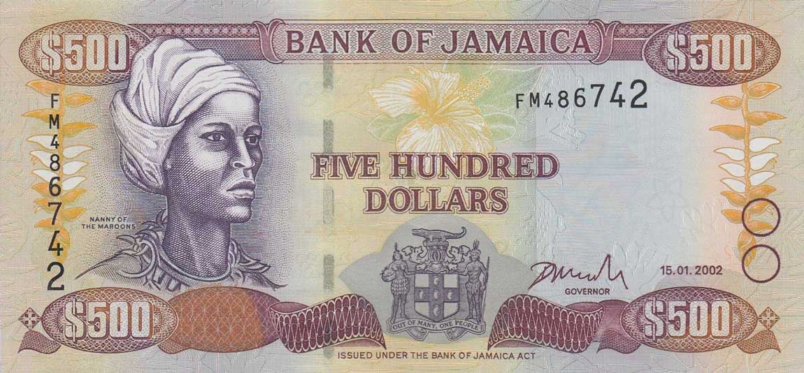 Front of Jamaica p81a: 500 Dollars from 2002