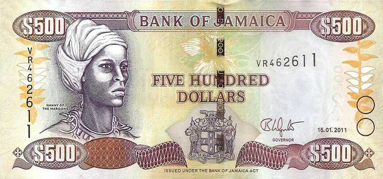 Front of Jamaica p85h: 500 Dollars from 2011