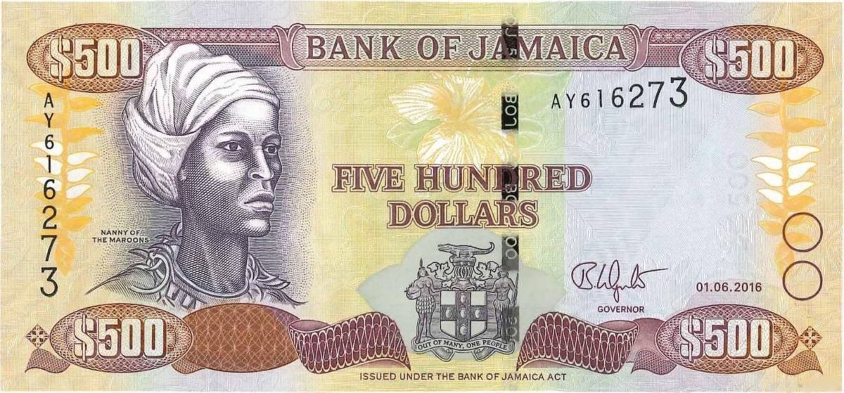 Front of Jamaica p85j: 500 Dollars from 2016