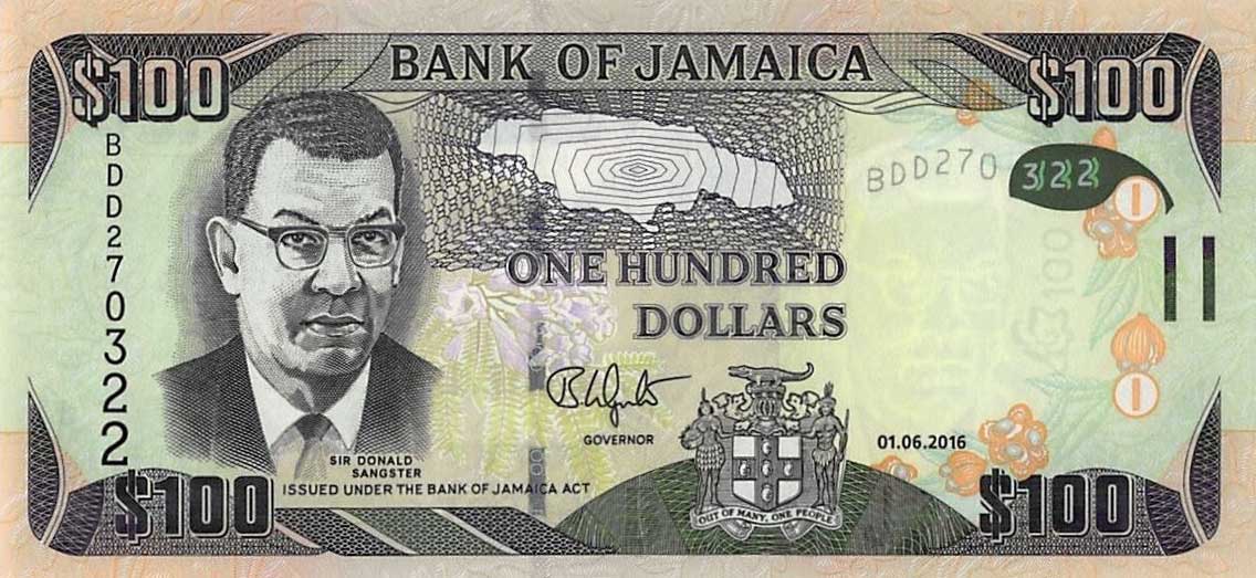 Front of Jamaica p95c: 100 Dollars from 2016