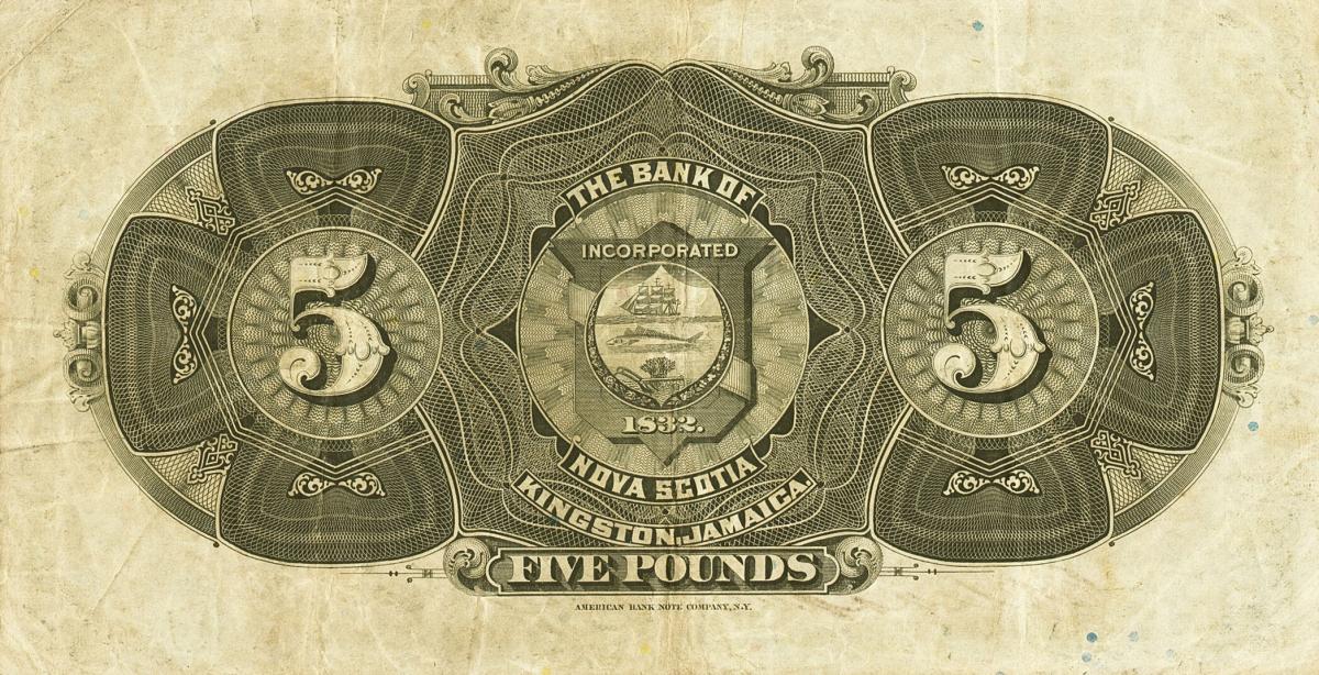 Back of Jamaica pS132b: 5 Pounds from 1920