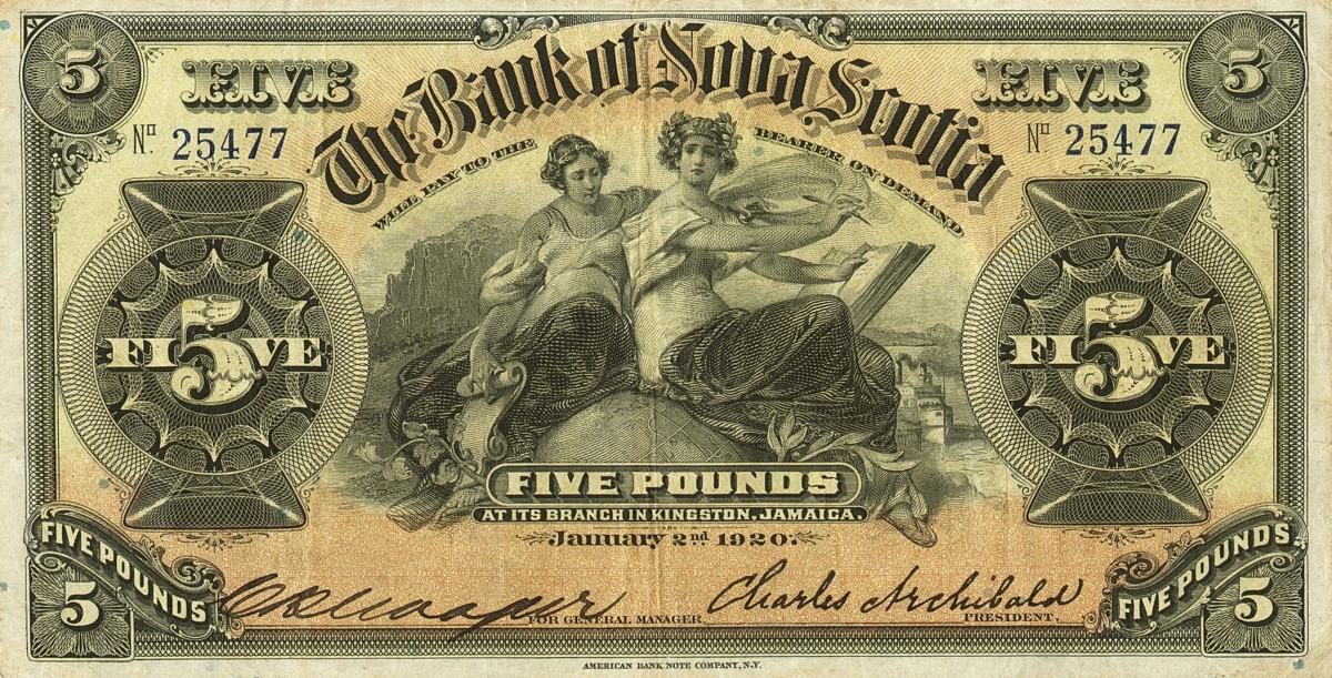 Front of Jamaica pS132b: 5 Pounds from 1920