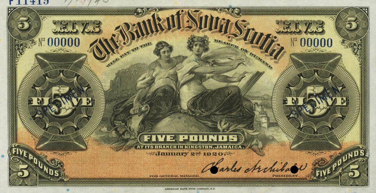 Front of Jamaica pS132s: 5 Pounds from 1920