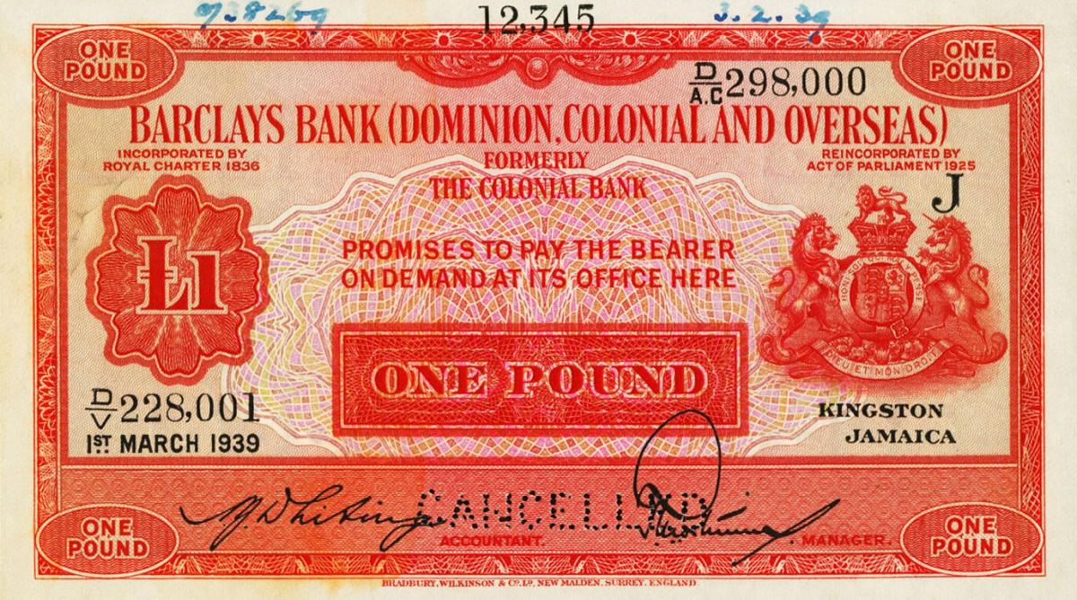 Front of Jamaica pS146s: 1 Pound from 1937