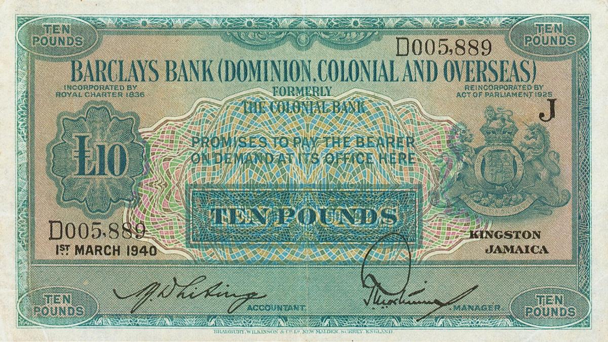 Front of Jamaica pS148c: 10 Pounds from 1940