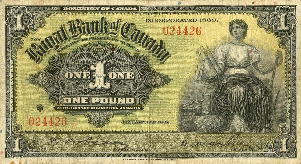 Front of Jamaica pS226a: 1 Pound from 1938