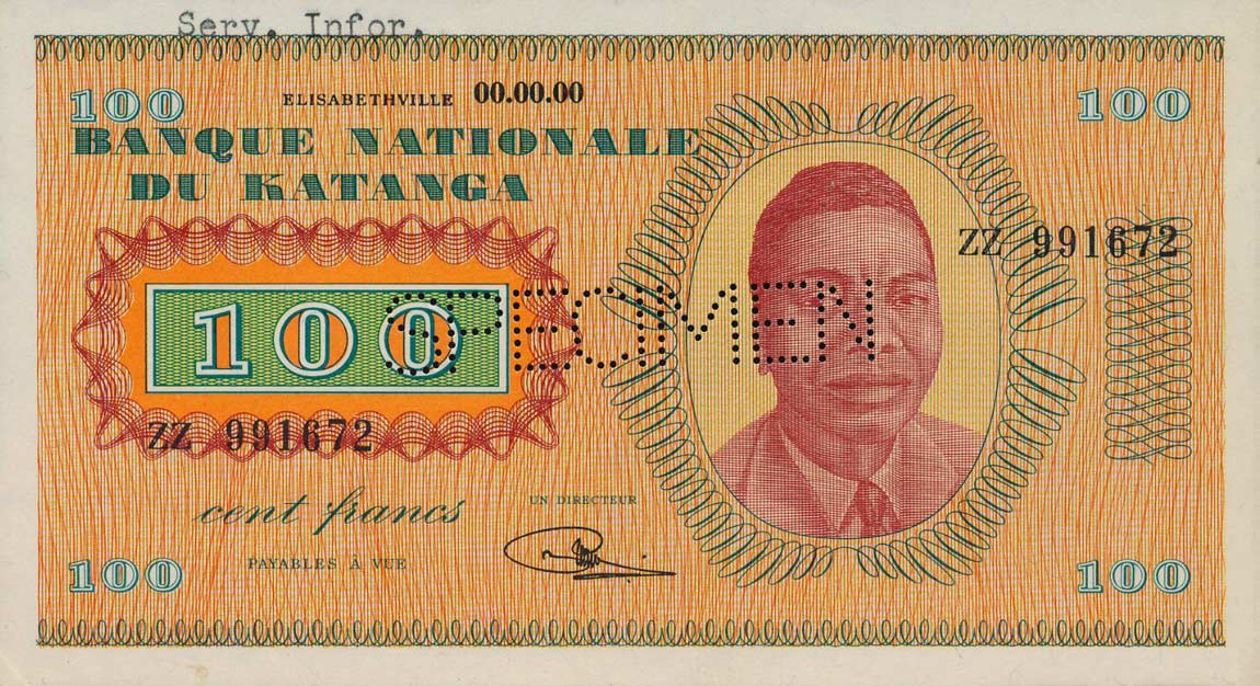Front of Katanga p8s: 100 Francs from 1960