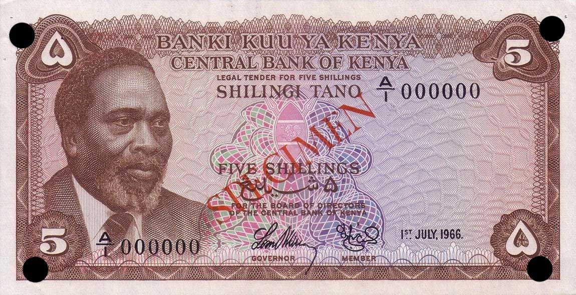 Front of Kenya p1s: 5 Shillings from 1966