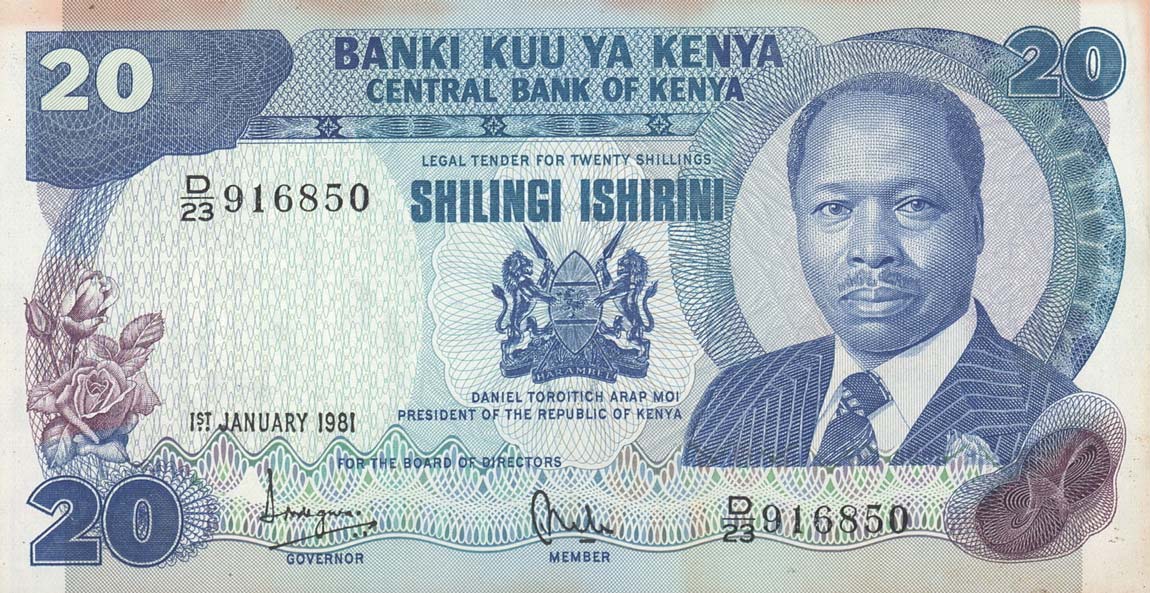 Front of Kenya p21a: 20 Shillings from 1981