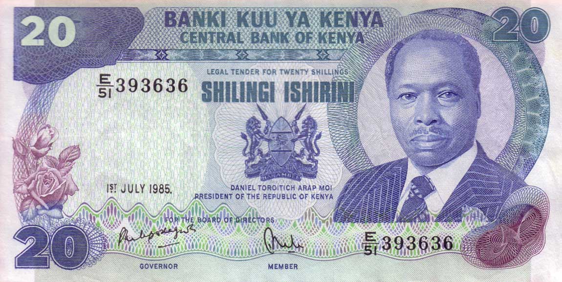 Front of Kenya p21d: 20 Shillings from 1985