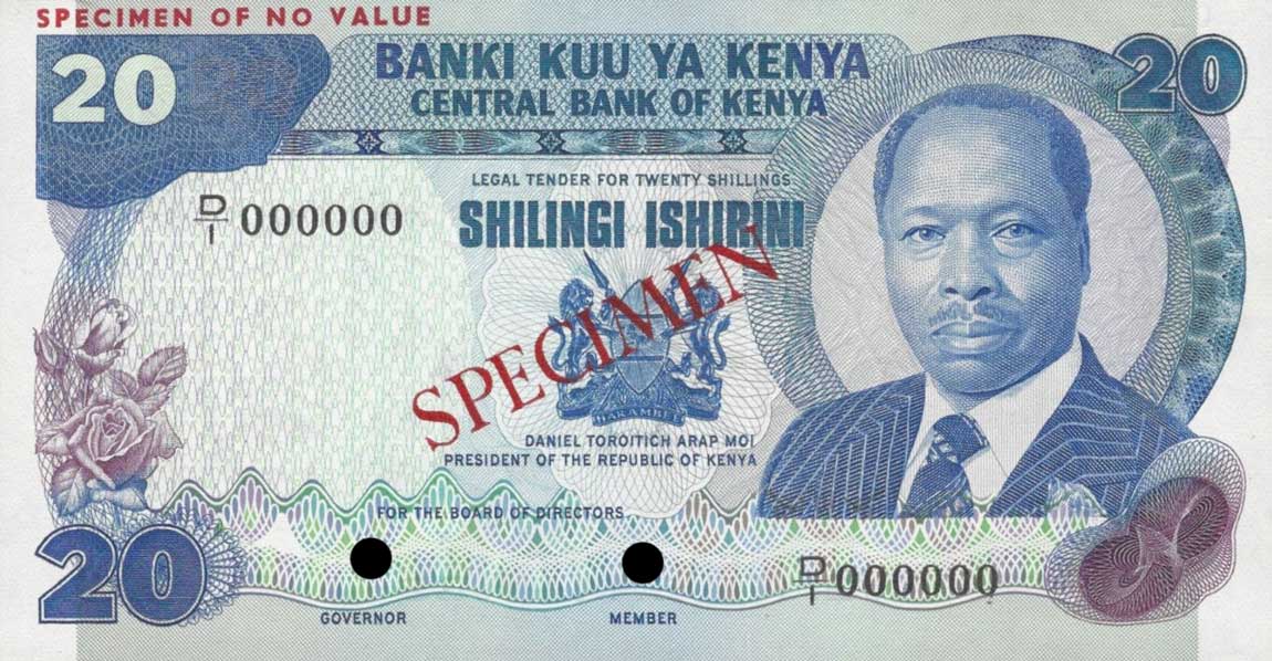 Front of Kenya p21s: 20 Shillings from 1981