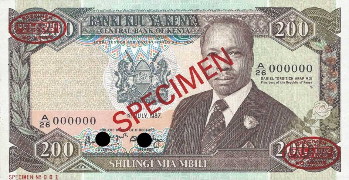 Front of Kenya p23As: 200 Shillings from 1986