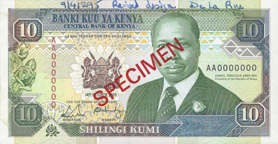 Front of Kenya p24s: 10 Shillings from 1989