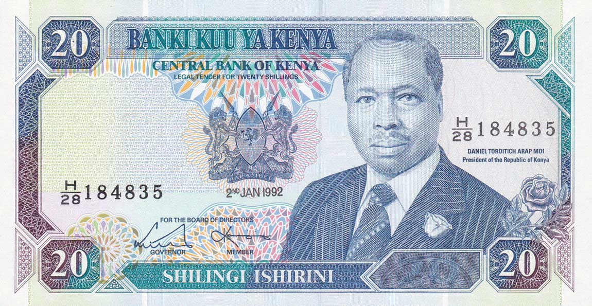 Front of Kenya p25e: 20 Shillings from 1992