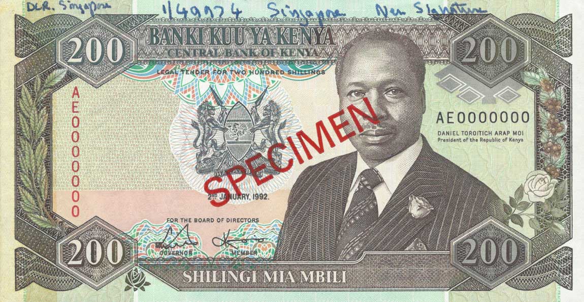 Front of Kenya p29s: 200 Shillings from 1989