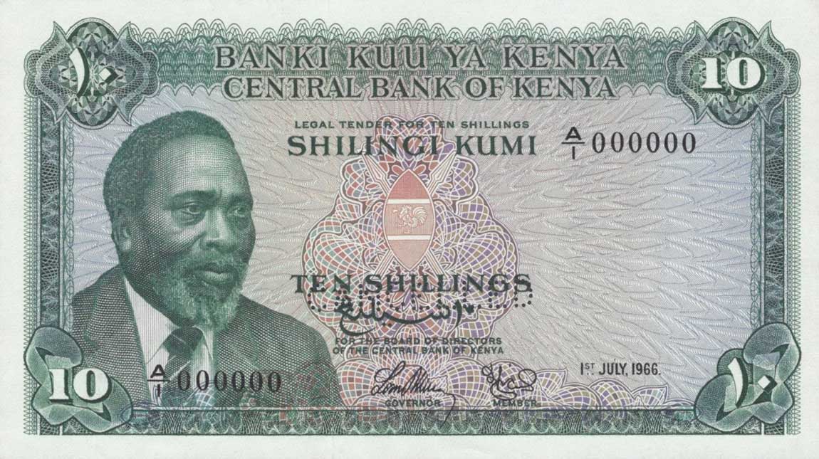 Front of Kenya p2s: 10 Shillings from 1966