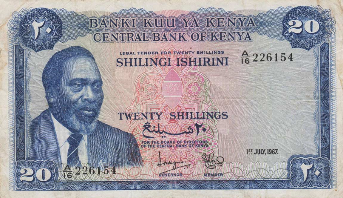 Front of Kenya p3b: 20 Shillings from 1967