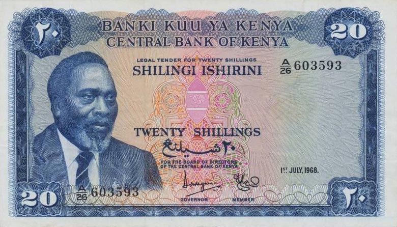 Front of Kenya p3c: 20 Shillings from 1968