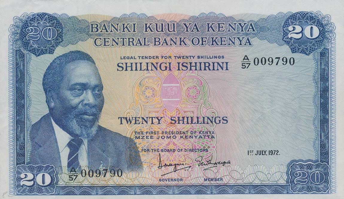 Front of Kenya p8c: 20 Shillings from 1972