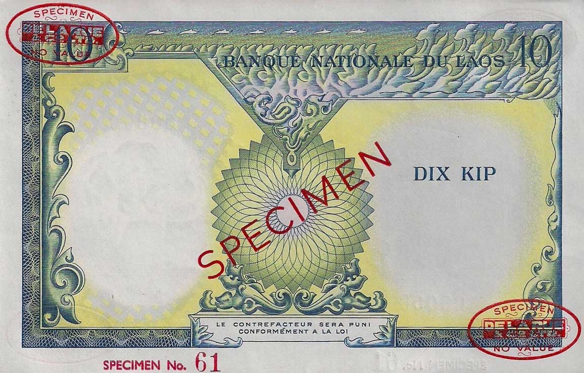 Back of Laos p10s1: 10 Kip from 1962