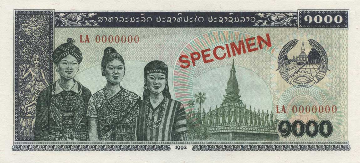 Front of Laos p32s1: 1000 Kip from 1992