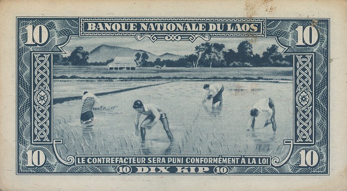 Back of Laos p3b: 10 Kip from 1957