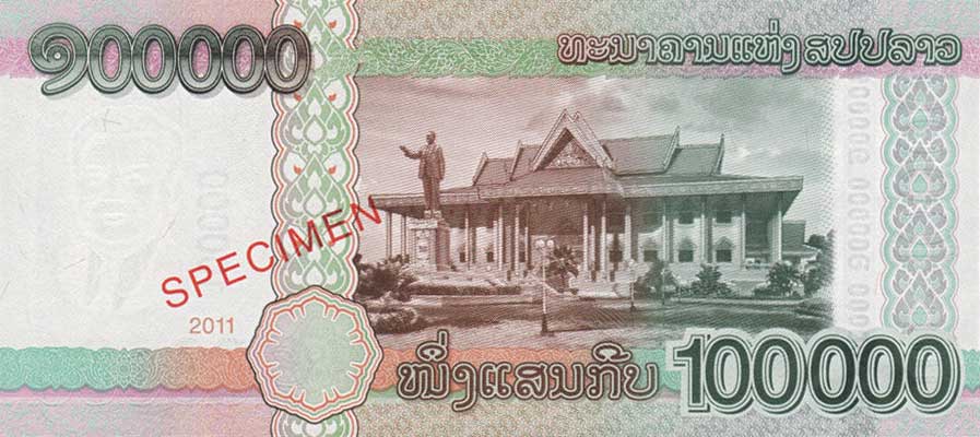 Back of Laos p42s: 100000 Kip from 2011