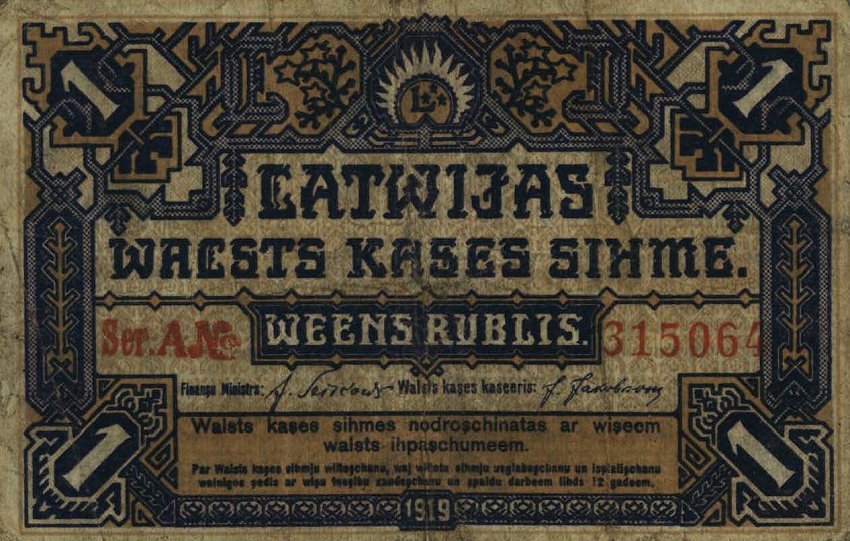 Front of Latvia p1: 1 Rublis from 1919