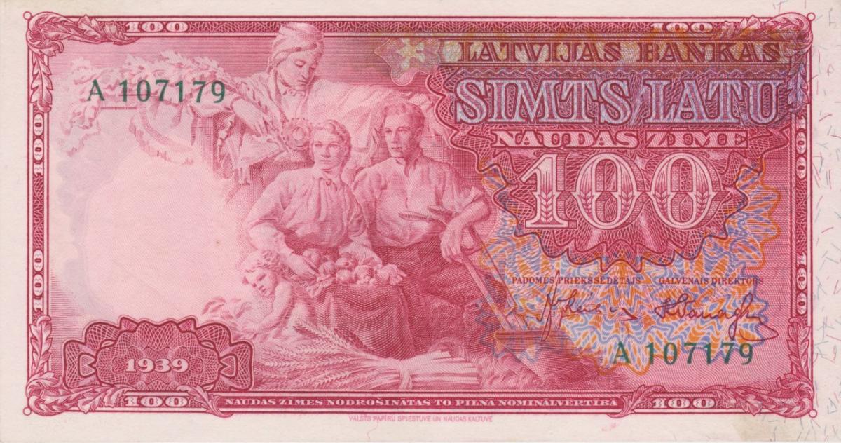 Front of Latvia p22a: 100 Latu from 1939