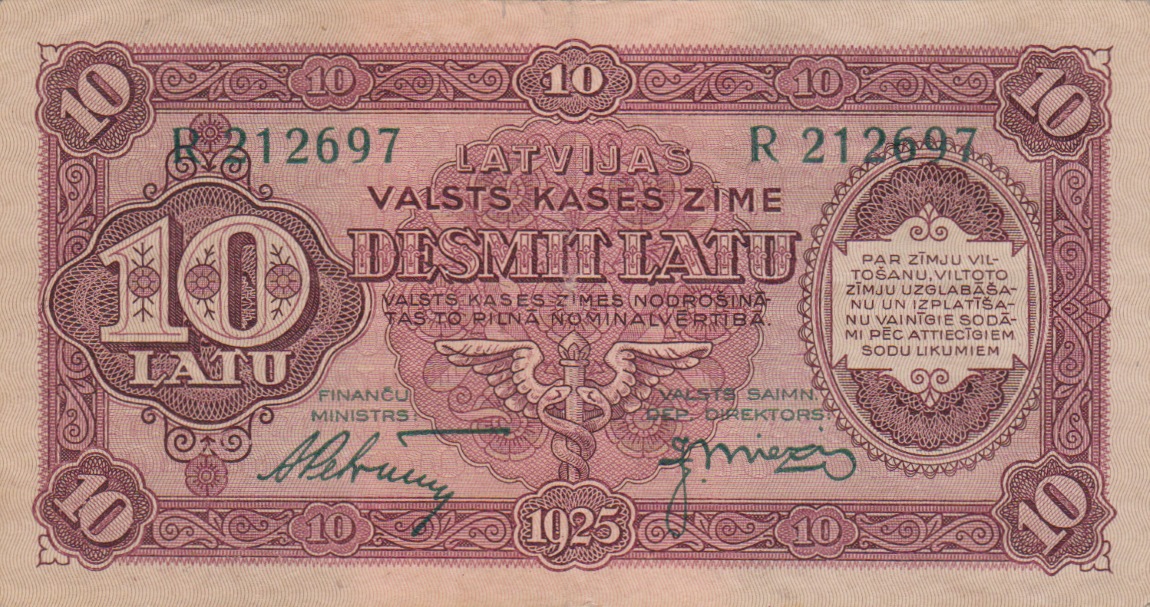 Front of Latvia p24d: 10 Latu from 1925