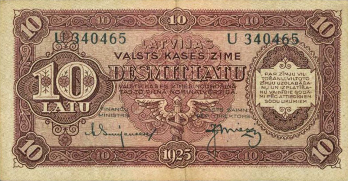 Front of Latvia p24e: 10 Latu from 1925