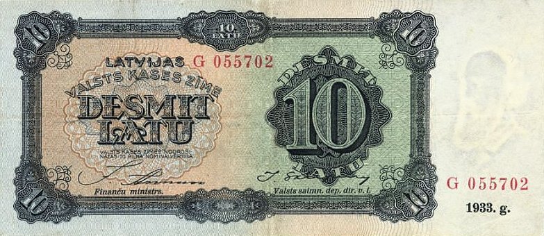 Front of Latvia p25a: 10 Latu from 1933