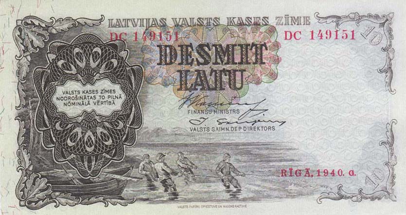 Front of Latvia p29e: 10 Latu from 1940