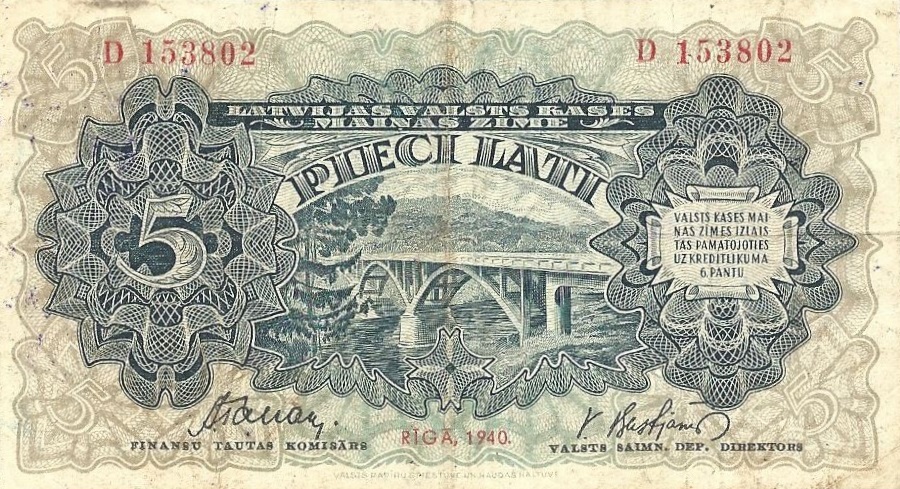 Front of Latvia p34b: 5 Lati from 1940