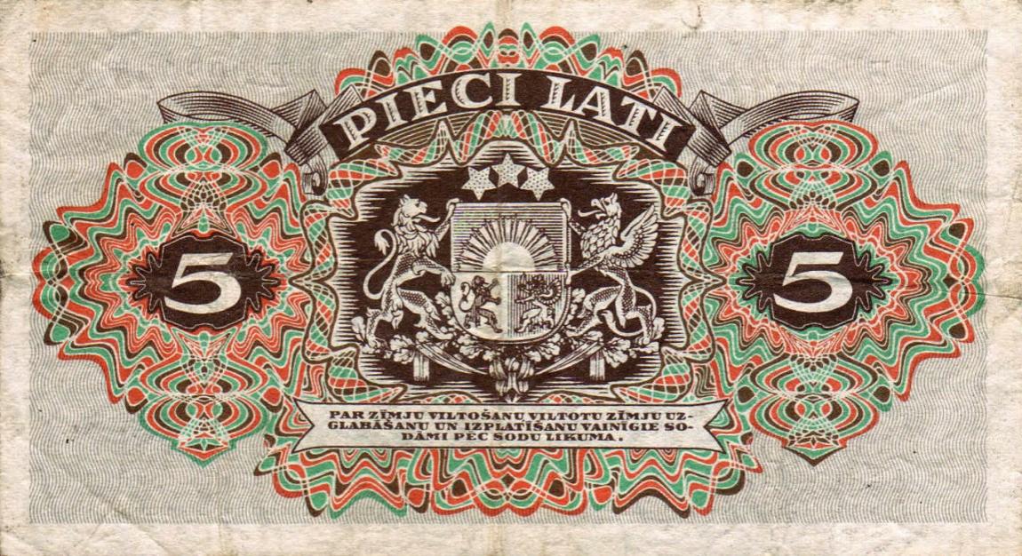 Back of Latvia p34c: 5 Lati from 1940