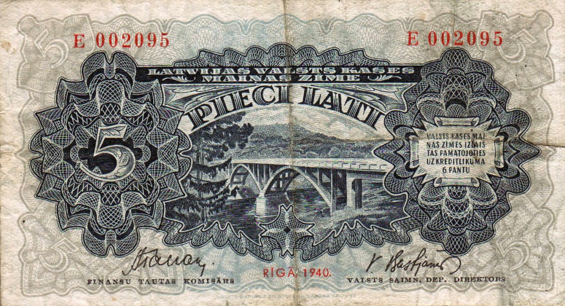 Front of Latvia p34c: 5 Lati from 1940